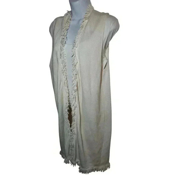 Chico's Women's Ivory/Cream Open Front Fringe Sleeveless Long Vest Size 1 M/8 - Picture 2 of 10